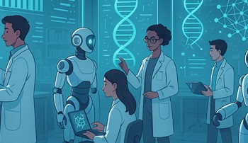 A graphic showing researchers using AI in a lab
