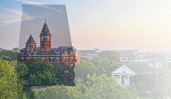 A photo of Samford Hall fills the outline of the state of Alabama and beyond into the horizon