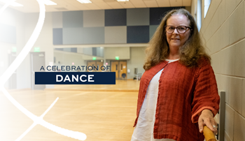Adrienne Wilson in the dance studio with text A Celebration of Dance