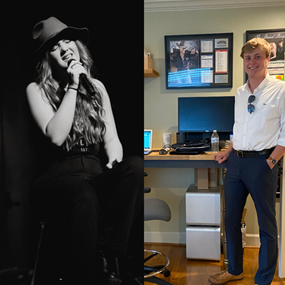 Cat Hall performing on stage; David Putman, Livvie Moral and Oakley Holmes at their internship offices