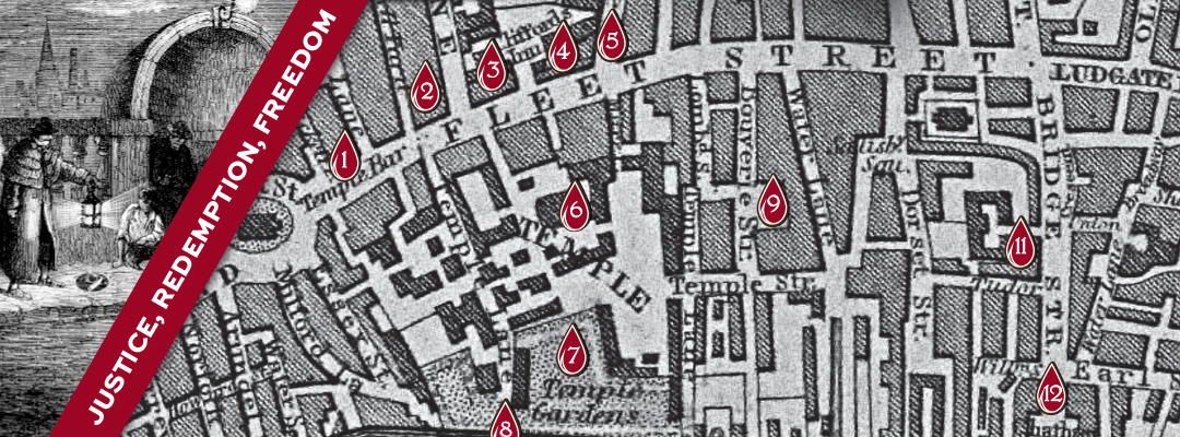 Composite image with an 1800s engraving of a Westminster bridge alcove, a vintage map of Fleet Street in London, and a red banner that reads, "JUSTICE, REDEMPTION, FREEDOM"