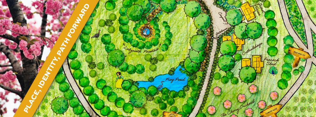 Composite image with picture of a cherry tree, a handpainted landscape design of an estate, and a gold banner that reads, "PLACE, IDENTITY, PATH FORWARD"