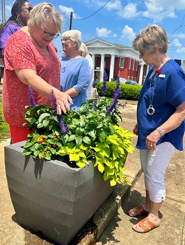 Two women admire the new planters in downtown Camden