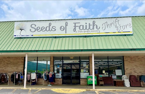 A shot of the storefront of Seeds of Faith, a thrift store in Collinsville