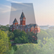A photo of Samford Hall fills the outline of the state of Alabama and beyond into the horizon