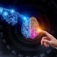 A drawing of a human brain in the center, with a human hand touching its right side and an artificial, computerized hand touching its left side